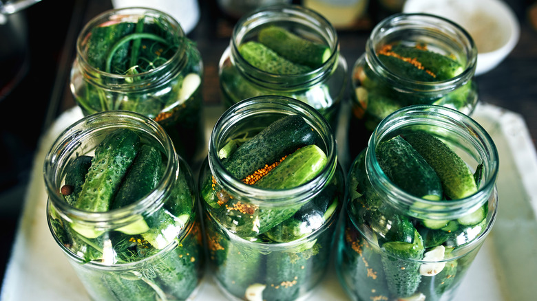 Jars of homemade pickles with spices