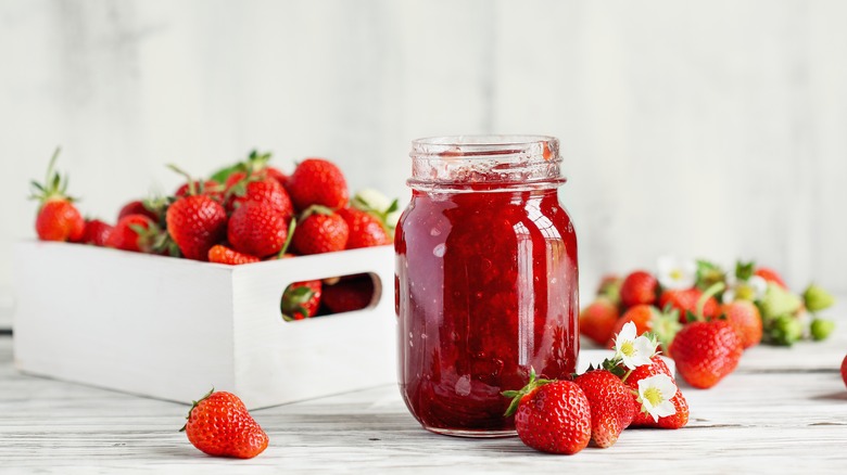 Canned strawberry preserves in jar