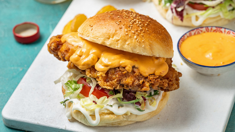 Crispy fried chicken breast sandwich with sauce