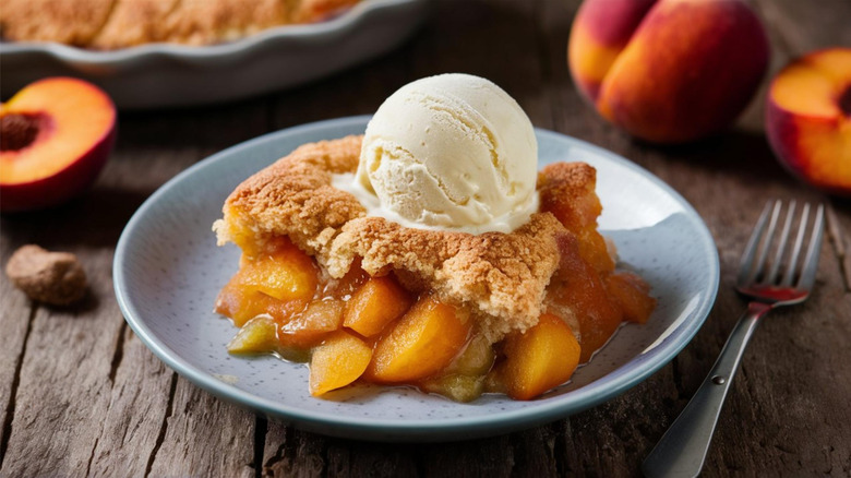 Peach cobbler a la mode on plate