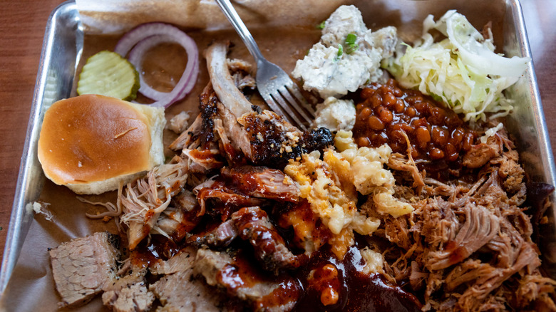 Tray of meat and sides at BBQ restaurant