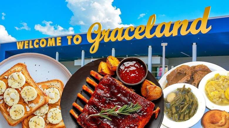 The entrance sign to Graceland and several meals from various nearby restaurants