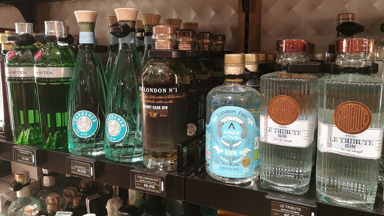 Collection of gin brands on a shelf