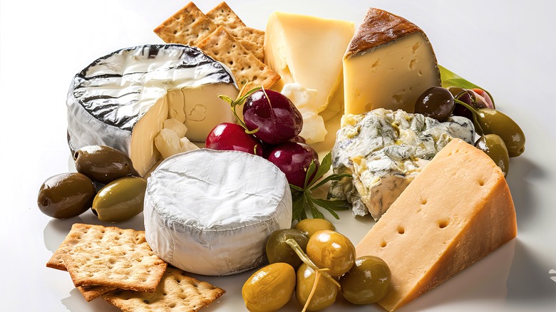 A variety of cheeses, crackers, and olives sitting on a white tabletop