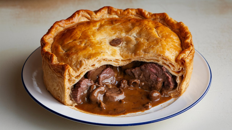 Sliced open traditional steak and kidney pie