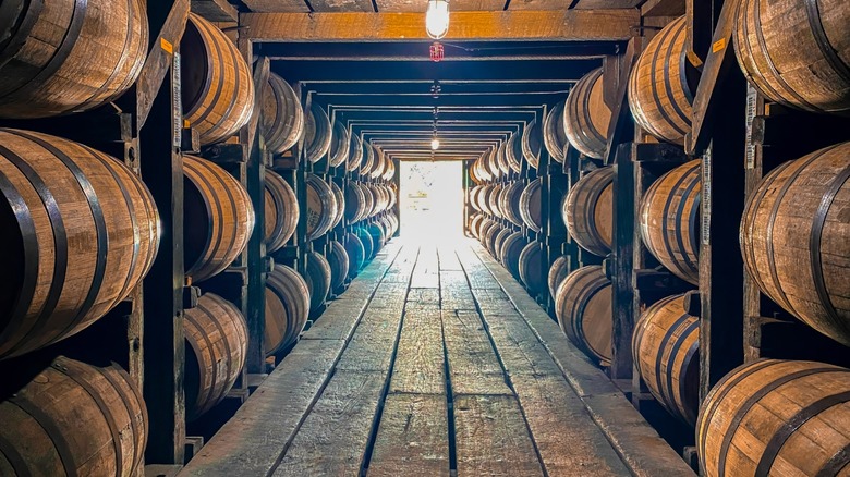 Bourbon barrels in a rickhouse