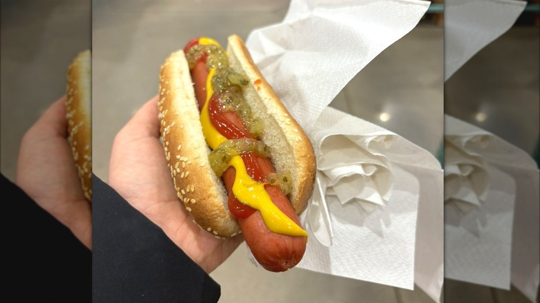 Costco hot dog with mustard, ketchup, and relish