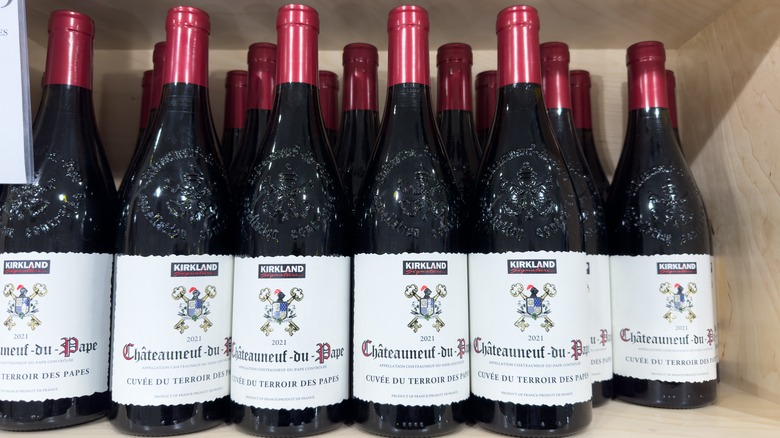 Bottles of Kirkland Chateauneuf-de-Pape on store shelf