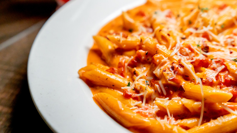 close up of penne alla vodka in a bowl