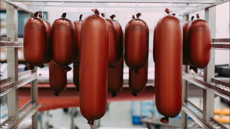 Bolognas in their casing, hanging on a rack
