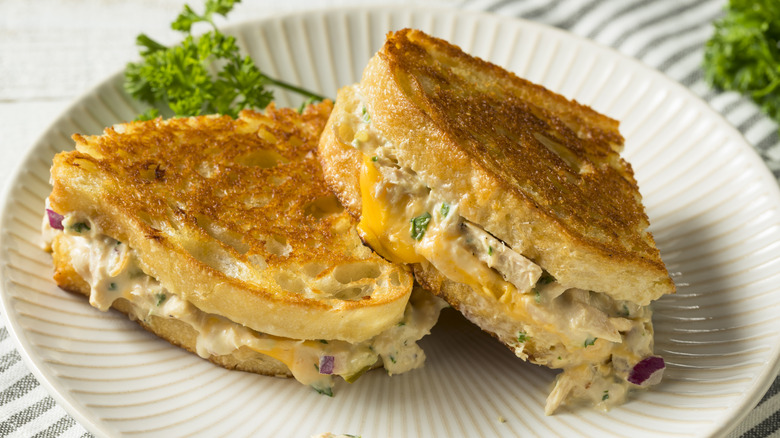 Two halves of a crisp, golden tuna melt arranged on a plate.