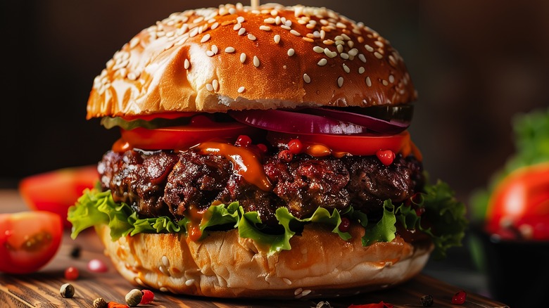 Hamburger close-up with toppings