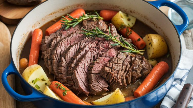 Pot roast with carrots and potatoes in a Dutch oven
