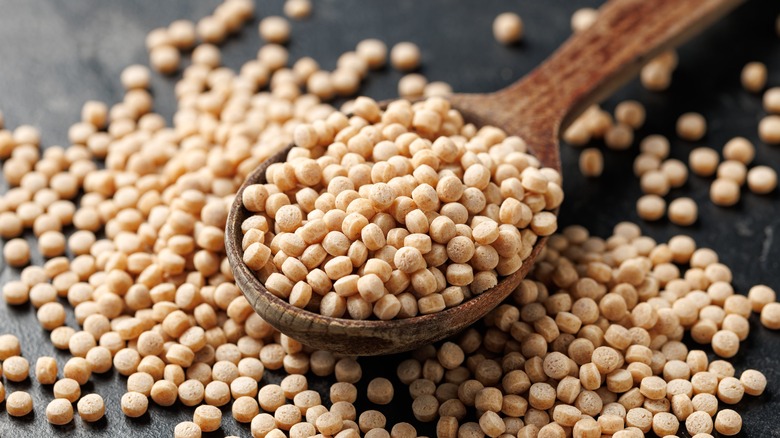 Spoon filled with pearled couscous