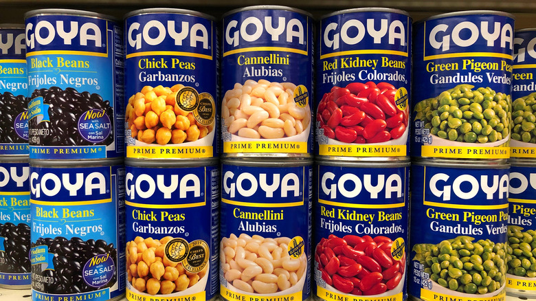 Goya-brand beans on a shelf at a store