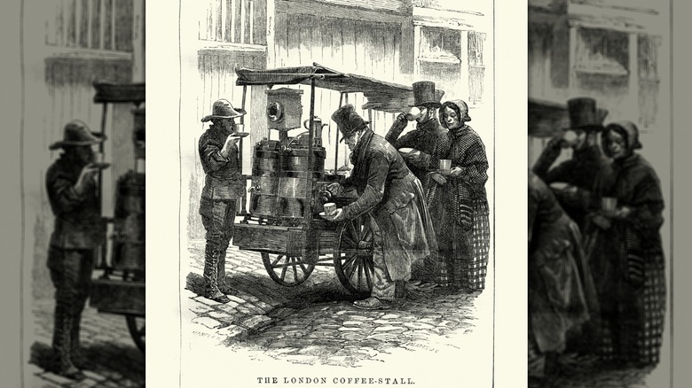 Drawing of a A 19th-century London coffee stall.