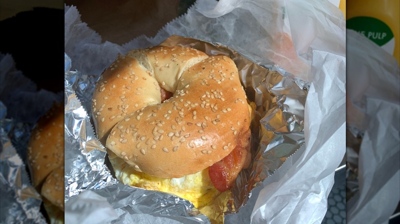 Bacon egg and cheese wrapped in deli paper.