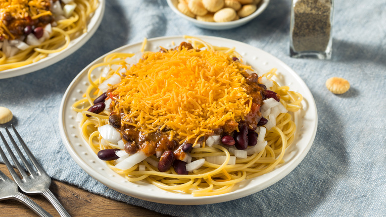 plated spaghetti with Cincinnati chili