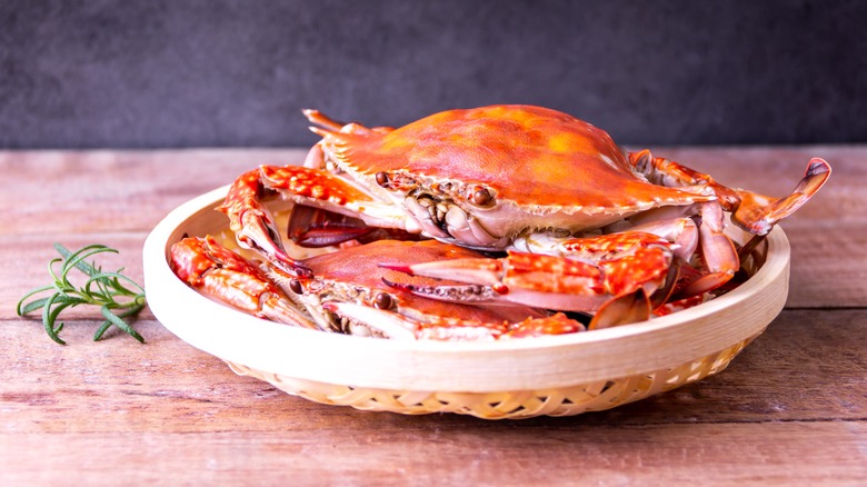 Boiled blue crab in bowl