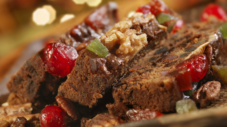 three slies of fruitcake close up