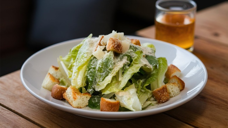 Caesar salad on table