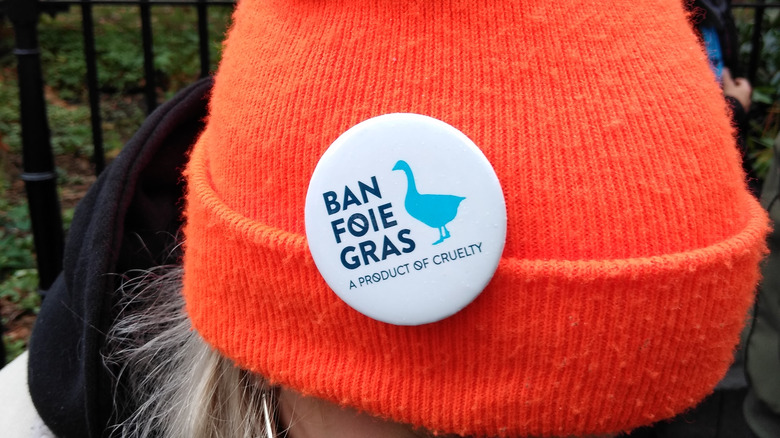 A "ban foie gras" pin on an orange hat.