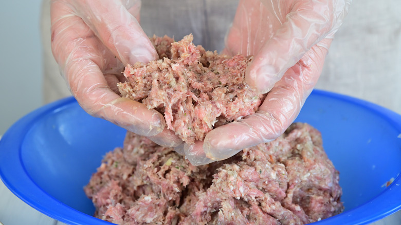 hands holding ground meat 