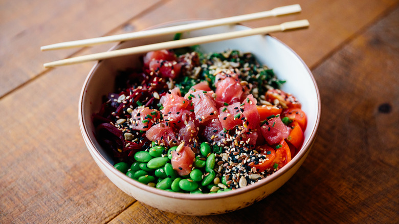 displayed fresh poke bowl