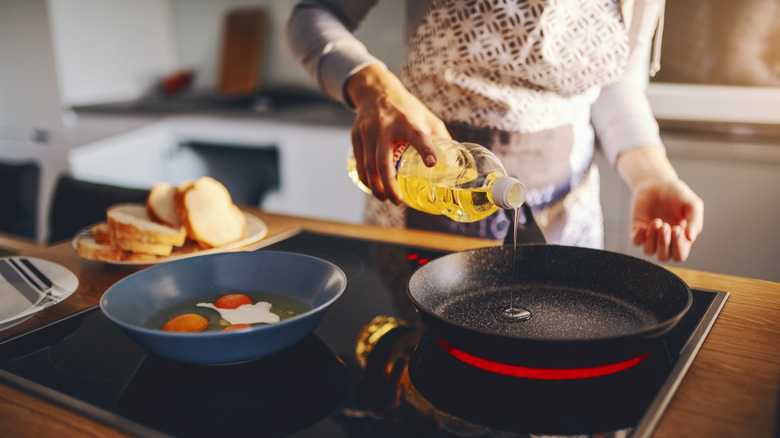 Adding oil to hot pan