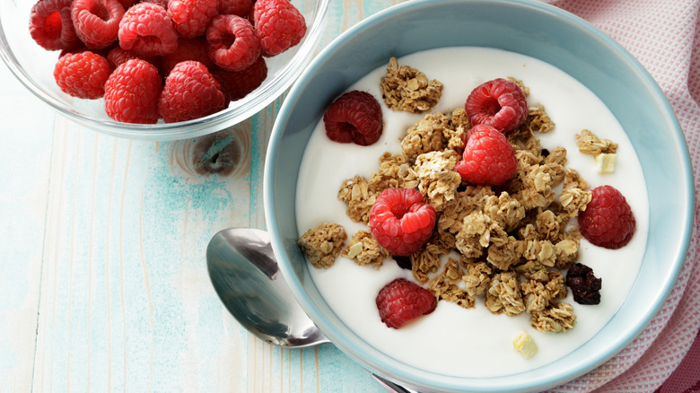Bowl of yogurt with granola and fruit 