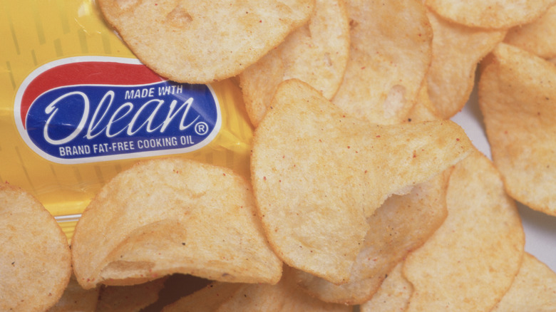 Chips on a bag that states they are made with Olean