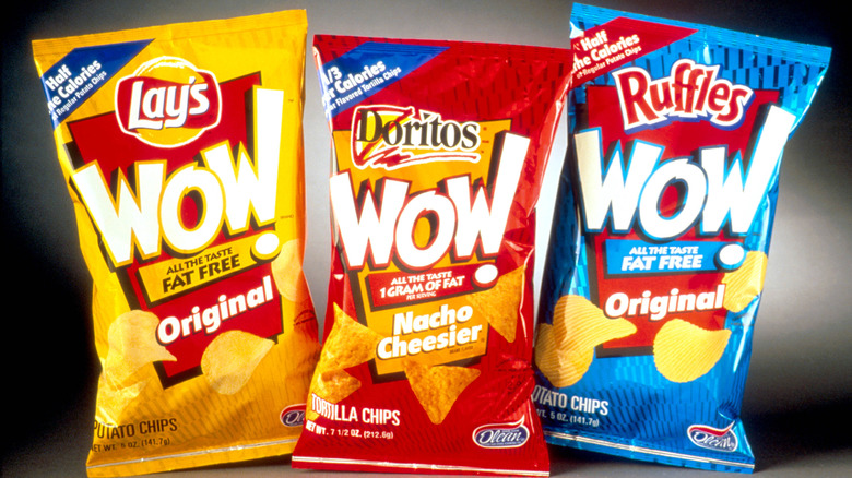 Bags of WOW potato chips with Olean stamp on the front