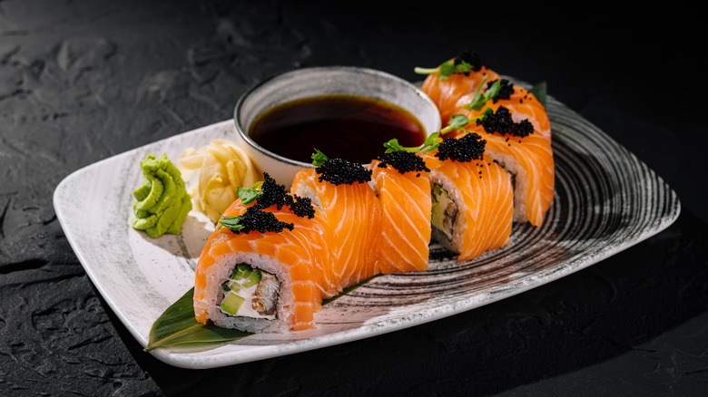 Salmon roll with leaf underneath