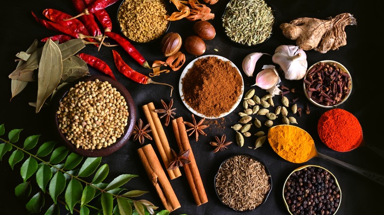 Spices and spice blends on a flat surface