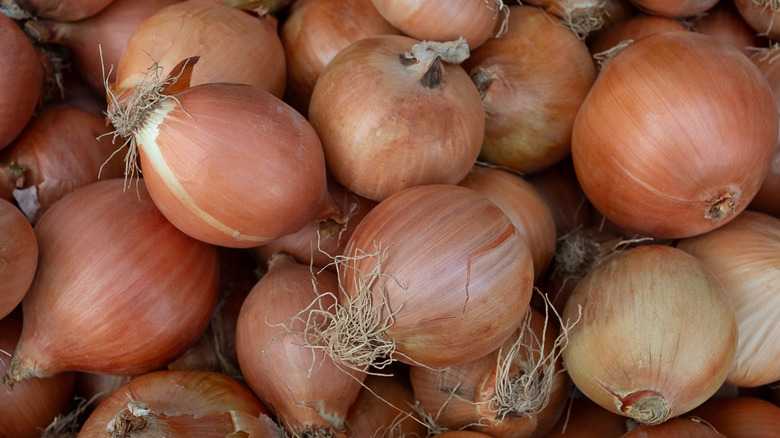 Pile of onions in skins