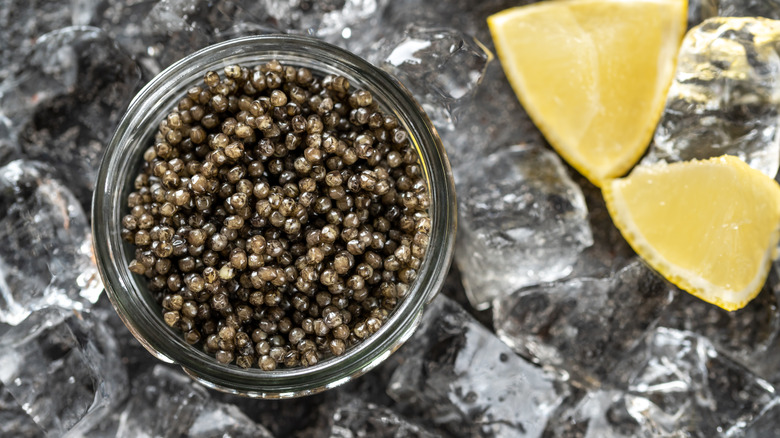 A jar of caviar on ice