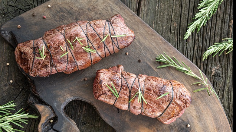 Roasted beef tenderloin tied with twine