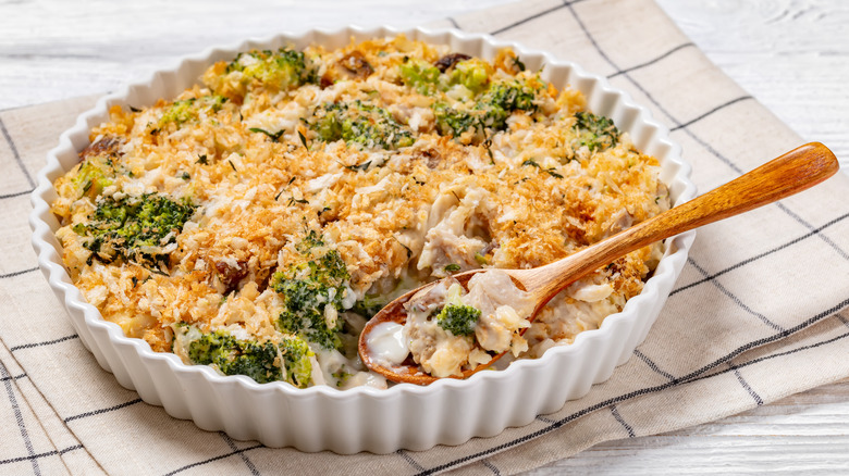 Broccoli casserole in white dish