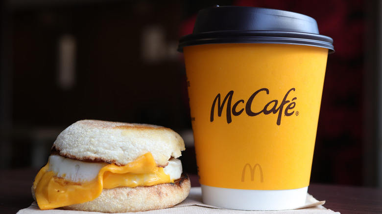 McDonald's Egg McMuffin breakfast sandwich and coffee
