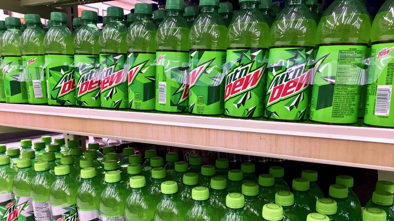 Mountain Dew bottles on shelf