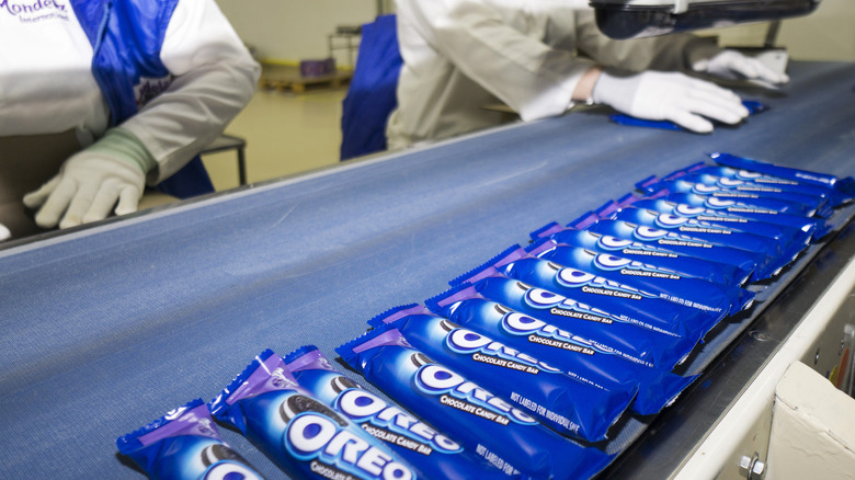 Oreo packages on a factory conveyor belt. 