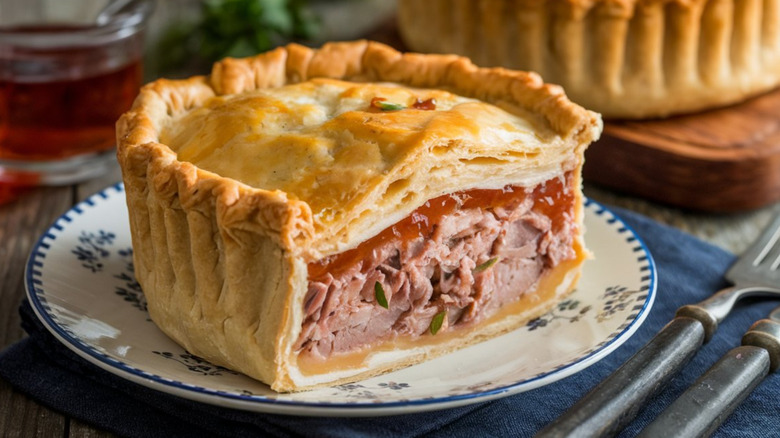 A modern English pork pie in a delicate pastry shell