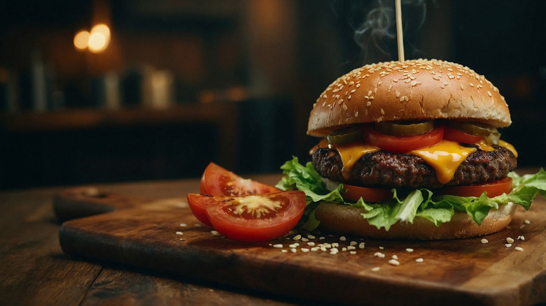 A thick burger with lettuce, tomato, pickles, and cheese on a cutting board.