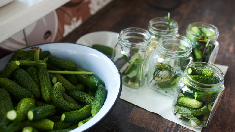 Preparing cucumbers in glass jars for pickling