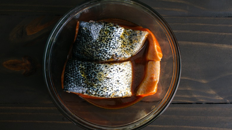 Salmon skin on plate