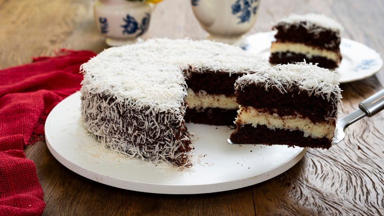 Chocolate cake coated with coconut