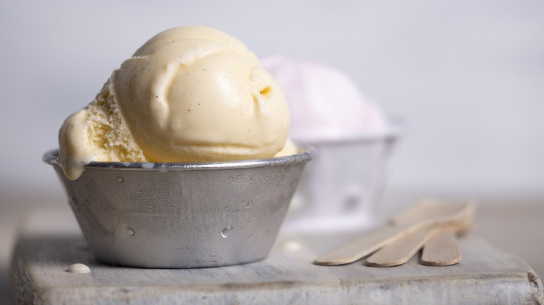 vanilla ice cream in a metal dish