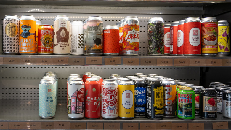 grocery shelf stocked with beers