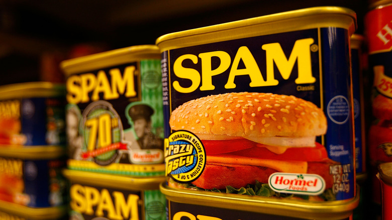 Spam cans on supermarket shelf