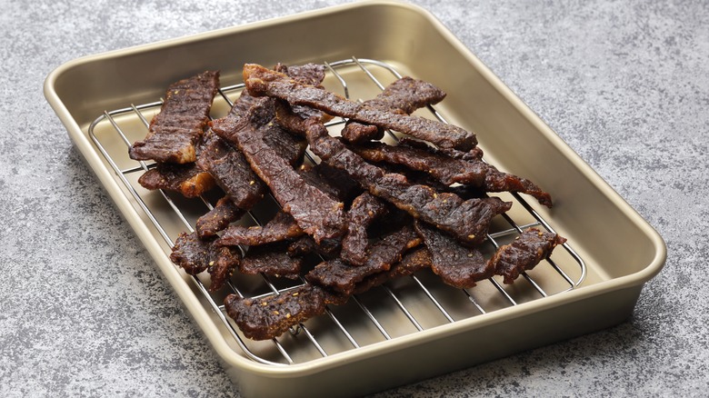 Homemade beef jerky in the baking dish